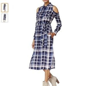 Maison Jules cold shoulder plaid dress